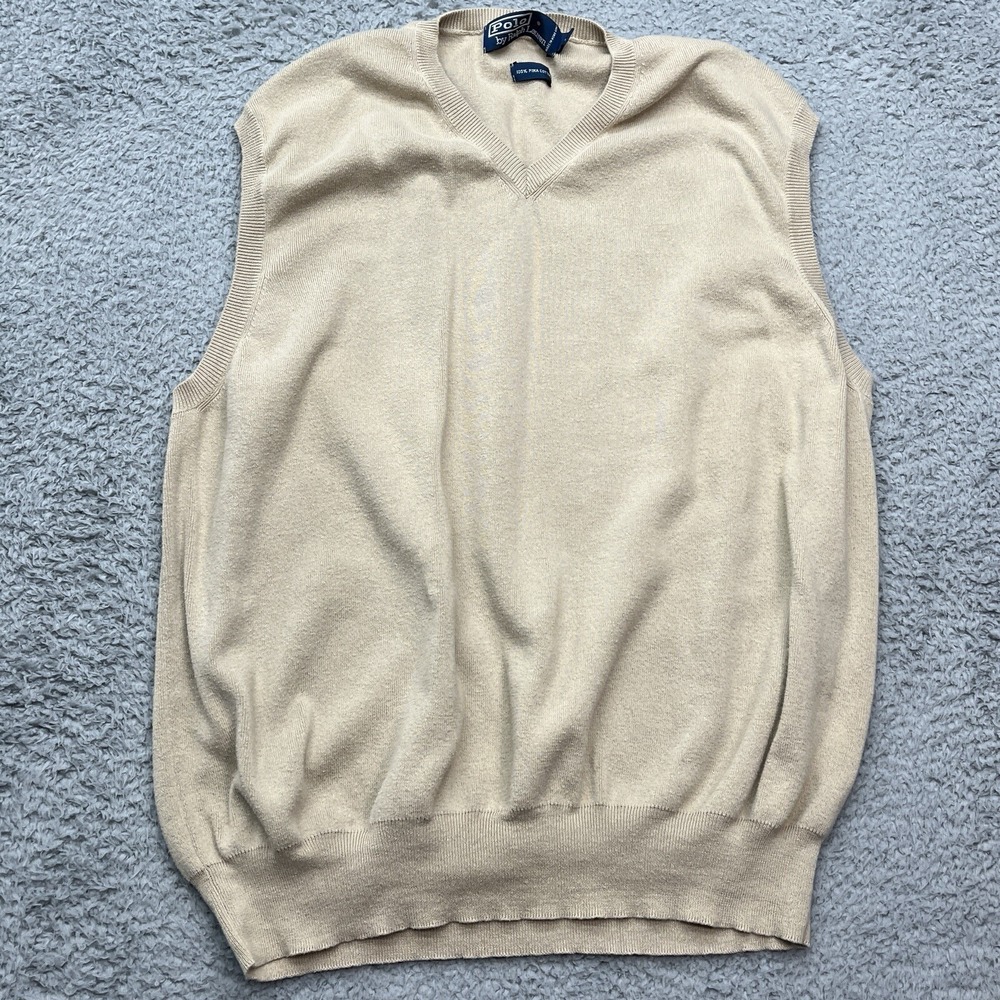 Polo Ralph Lauren Sweater Vest Mens L Beige Vintage 90s Pima Cotton‎ Preppy